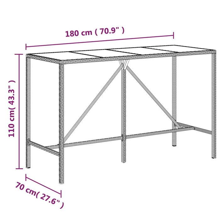 Bartafel met glazen blad 180x70x110 cm poly rattan bruin