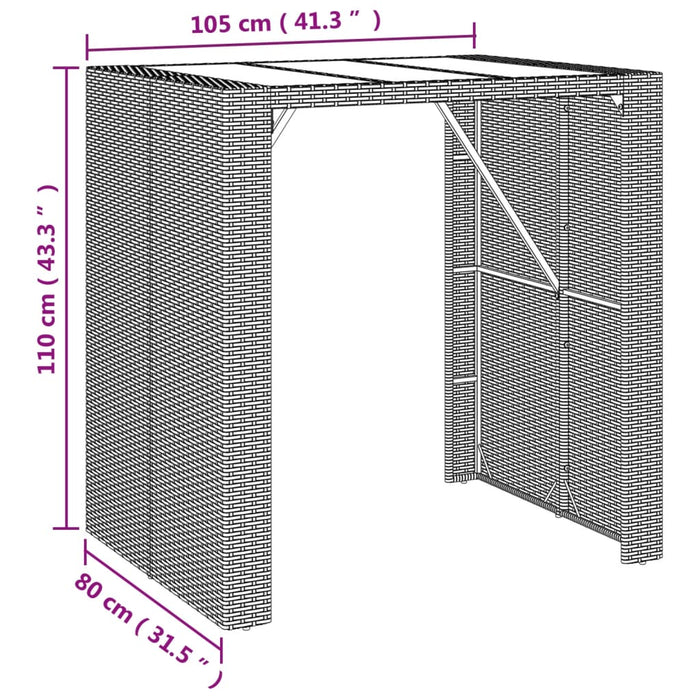 Bartafel met glazen blad 105x80x110 cm poly rattan zwart