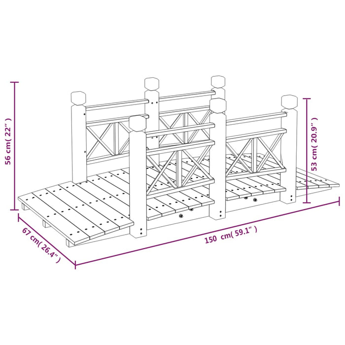 Tuinbrug met leuningen 150x67x56 cm massief vurenhout