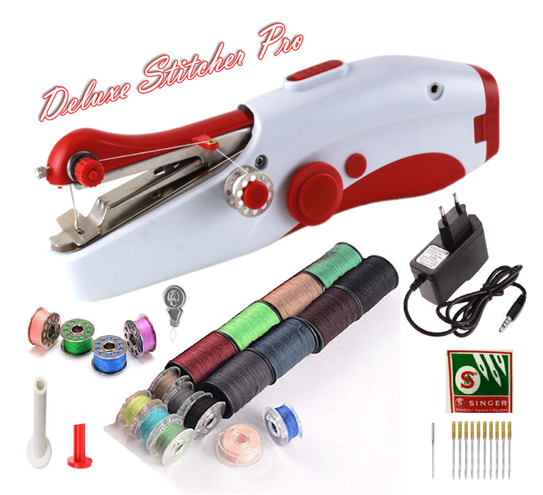 Deluxe Stitcher Pro - PREMIUM Handnaaimachine met Adapter + 20 spoelen met garen + 11 Reserve naalden en accessoires