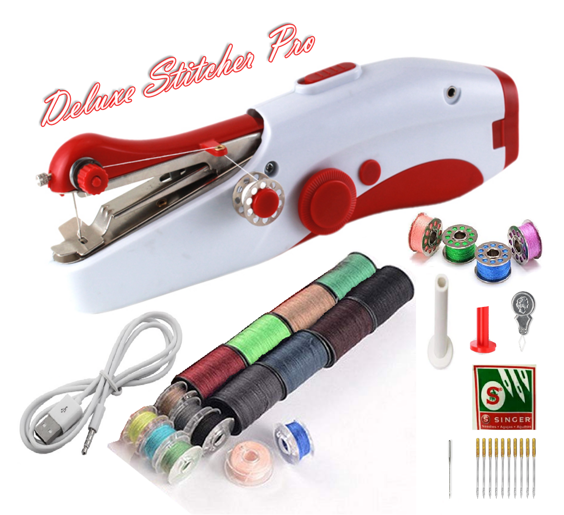 Deluxe Stitcher Pro - PREMIUM Handnaaimachine met USB Kabel + 20 garen met spoelen + 11 Reserve naalden en Accessoires