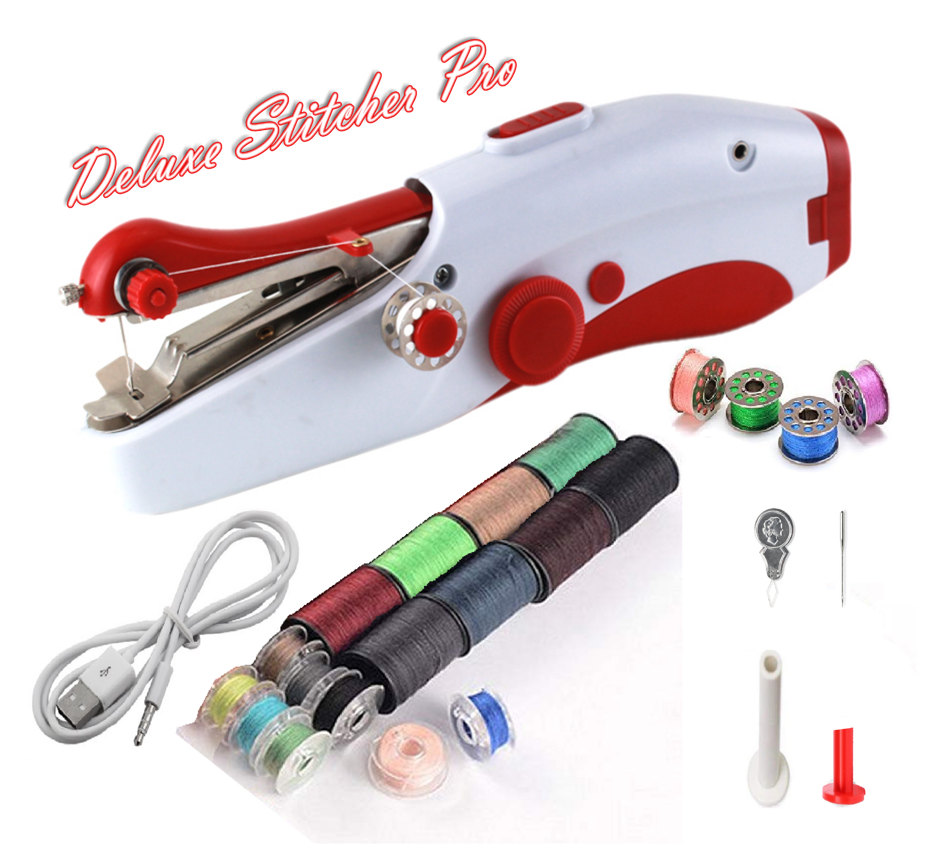 Deluxe Stitcher Pro - PREMIUM Handnaaimachine met USB Kabel + 20 spoelen met garen en extra accessoires