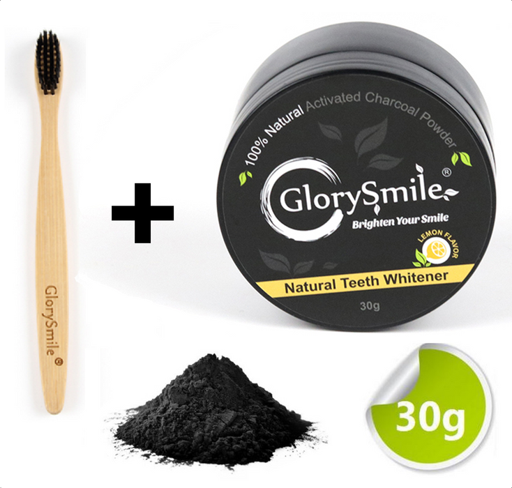 Houtskool Tanden Bleker inclusief Bamboe Tandenborsel -- Lemon Flavor Charcoal Teeth Whitening -- 100% Natuurlijk Tanden Bleken -- 30gr
