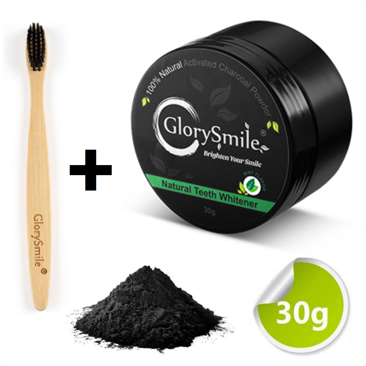 Houtskool Tanden Bleker inclusief Bamboe Tandenborsel -- Mint Flavor Charcoal Teeth Whitening -- 100% Natuurlijk Tanden Bleken -- 30gr