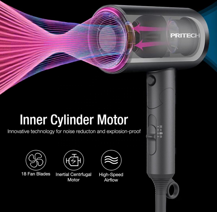 PRI TECH -- Professionele Haardroger – Föhn -- 1400W – Antraciet/Roze