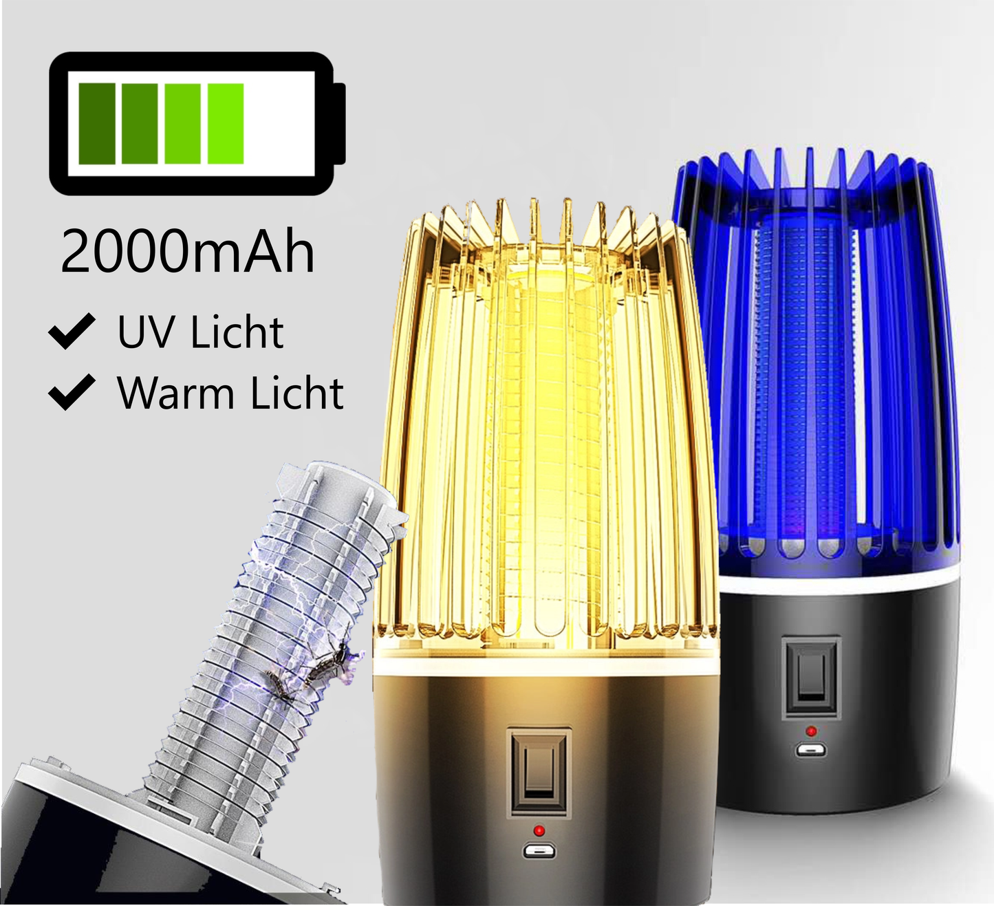 Vliegenlamp met 4000mAh batterij -- UV + Warm Wit Licht -- Insectenlamp -- Muggenlamp -- Vliegenvanger